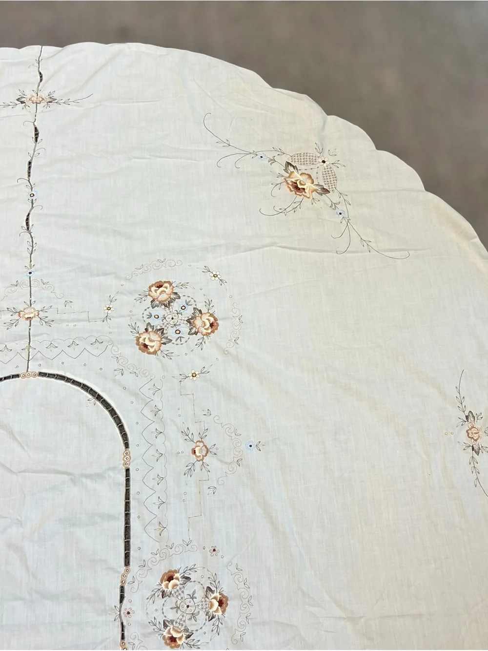 Vintage Oval Tablecloth Floral Hand Embroidered Scalloped Edge White 68”x83.5”